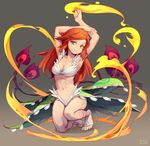  armpits arms_up barefoot barefoot_sandals bikini_top fire green_eyes long_hair looking_at_viewer midriff navel one_knee personification phoenix_(p&amp;d) puzzle_&amp;_dragons red_hair solo tennohi 