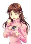  1girl :3 =_= between_breasts breasts brown_eyes brown_hair cleavage cleavage_cutout highres kellylee kindaichi_hajime kindaichi_shounen_no_jikenbo large_breasts long_hair meme_attire miniboy nanase_miyuki open-chest_sweater open_mouth person_between_breasts ribbed_sweater sweatdrop sweater upper_body white_background 