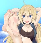  1girl ahoge arms_behind_head barefoot blonde_hair blue_eyes breasts cleavage eagle_(girly_air_force) feet girly_air_force legs_up long_hair looking_at_viewer open_mouth soles toes 