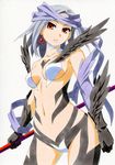  breasts highres holding iona_(wixoss) jewelry kawachi_koorogi looking_at_viewer marker_(medium) medium_breasts navel red_eyes selector_wixoss short_hair silver_hair single_earring solo stick traditional_media wings wixoss 