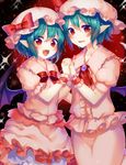  ascot bad_id bad_pixiv_id bat_wings blue_hair bow dual_persona hat highres holding_hands looking_at_viewer mob_cap multiple_girls pointy_ears red_eyes remilia_scarlet ribbon shirako_sei short_hair touhou wings wrist_cuffs 
