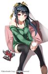  black_hair black_legwear blush breasts cleavage collarbone cup gloves gloves_removed gyakushuu_no_fantasica long_hair looking_at_viewer medium_breasts nanahara_fuyuki off_shoulder ponytail red_eyes ribbed_sweater simple_background sitting slippers solo sweater thighhighs white_background 