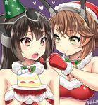  black_hair breasts brown_hair cake christmas feeding food fruit gloves green_eyes hat headgear heart kantai_collection kase_daiki large_breasts looking_at_another looking_down midriff multiple_girls mutsu_(kantai_collection) nagato_(kantai_collection) off_shoulder open_mouth plate red_eyes red_gloves santa_costume santa_gloves santa_hat short_hair slice_of_cake star strawberry strawberry_shortcake twitter_username 