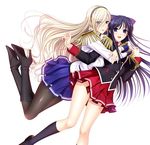  2girls blonde_hair blue_eyes breasts celia_kumani_entory hug large_breasts long_hair miniskirt multiple_girls official_art open_mouth ryuzouji_akane school_uniform short_skirt skirt smile socks thighhighs walkure_romanze white_background 