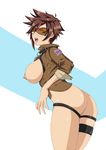  :o ass bangs bottomless breasts breasts_outside brown_hair buckle eyebrows freckles goggles harness highres jacket large_breasts leather leather_jacket looking_at_viewer looking_back nipples open_clothes open_jacket open_mouth overwatch puffy_nipples short_hair side_slit sleeves_rolled_up solo thick_eyebrows thigh_strap tracer_(overwatch) union_jack 