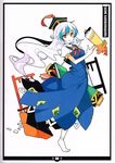  adapted_costume anklet barefoot blue_dress blue_hair book bow character_name dress full_body hat highres ideolo jewelry kamishirasawa_keine long_hair looking_at_viewer multicolored_hair open_mouth puffy_sleeves red_eyes scan scroll short_sleeves silver_hair simple_background solo touhou two-tone_hair white_background 