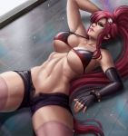  1girl breasts fingerless_gloves flowerxl gloves gurren lagann long_hair lying nail_polish on_back pinup purple_hair solo tengen_toppa_gurren_lagann 