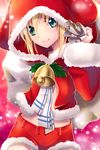  ahoge artoria_pendragon_(all) blonde_hair christmas dress fate/stay_night fate_(series) green_eyes hood midriff saber sack santa_costume shorts solo uraomote 