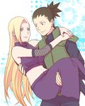  1boy 1girl black_hair blonde_hair blue_eyes carrying earrings eye_contact flak_jacket jewelry long_hair looking_at_another midriff nara_shikamaru naruto naruto:_the_last naruto_shippuuden navel princess_carry smile teramoto_kei very_long_hair yamanaka_ino 