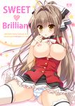  amagi_brilliant_park ameto_yuki antenna_hair blush breasts breasts_outside brown_eyes brown_hair cameltoe large_breasts long_hair looking_at_viewer no_bra open_clothes panties ponytail sento_isuzu solo spread_legs striped striped_panties thighhighs underwear 