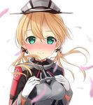  anchor blonde_hair blush breasts downscaled gloves green_eyes hands_on_own_chest hat iron_cross kantai_collection looking_at_viewer max_melon md5_mismatch medium_breasts military military_hat military_uniform peaked_cap petals prinz_eugen_(kantai_collection) resized simple_background smile solo uniform upper_body white_background white_gloves 