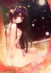  ass black_hair blush breast_hold breasts brown_eyes covered_nipples haruna_(kantai_collection) headgear ichikawa_noa kantai_collection long_hair looking_at_viewer medium_breasts nude sitting smile snow soaking_feet solo towel water 