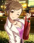  artist_request bag belt bottle braid breasts brown_eyes brown_hair cleavage hyoudou_rena idolmaster idolmaster_cinderella_girls jacket jewelry medium_breasts necklace official_art one_eye_closed plastic_bag ponytail short_hair solo sparkle white_jacket wine_bottle 