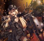  bismarck_(kantai_collection) black_gloves blonde_hair breasts cannon donarudo gloves hat highres kantai_collection long_hair medium_breasts open_mouth outstretched_arm sideboob solo turret 