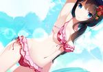  arm_up armpits atha_(leejuiping) bikini black_hair blue_eyes dutch_angle flower frilled_bikini frills hair_flower hair_ornament long_hair looking_at_viewer original parted_lips side_ponytail sky solo swimsuit 