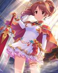  artist_request bracelet brown_hair circlet dress earrings frills hair_ornament idolmaster idolmaster_cinderella_girls jewelry light_frown long_hair official_art planted_sword planted_weapon ponytail purple_eyes serious shiina_noriko solo sword weapon 