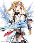  :d bare_shoulders black_gloves blonde_hair blue_eyes blush breastplate breasts cowboy_shot daibouken!_yukeyuke_osawari_island fingerless_gloves gloves large_breasts long_hair looking_at_viewer nanahara_fuyuki open_mouth simple_background smile solo sword vambraces weapon white_background wings 