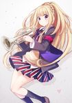  blonde_hair holding instrument koto_(colorcube) long_hair looking_at_viewer original pleated_skirt purple_eyes school_uniform skirt solo trumpet 