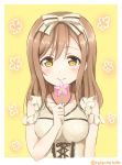  1girl bangs blush bow brown_hair collarbone commentary_request cross-laced_clothes flower frilled_sleeves frills hair_bow holding holding_flower kunikida_hanamaru long_hair looking_at_viewer love_live! love_live!_sunshine!! pink_flower sakurai_makoto_(custom_size) shoulder_cutout smile solo striped striped_bow torikoriko_please!! twitter_username upper_body yellow_background yellow_eyes 