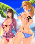  arm_strap ass bare_shoulders beach bikini bikini_under_clothes black_hair blonde_hair blue_eyes breasts cleavage cloud day earrings hood hoodie huge_breasts jewelry multiple_girls original outdoors palm_tree pink_eyes ponytail red_eyes sky sweat swimsuit swimsuit_under_clothes tree water wolffeld 