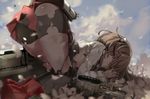  ass blurry brown_eyes brown_hair defeat depth_of_field headband kantai_collection looking_at_viewer machinery petals shino_(eefy) short_hair solo taihou_(kantai_collection) top-down_bottom-up torn_clothes 