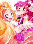  aino_megumi aqua_eyes bad_id bad_pixiv_id blonde_hair bow brooch cure_flora cure_lovely earrings eyebrows gloves go!_princess_precure hair_ornament hair_ribbon happinesscharge_precure! haruno_haruka heart heart_hair_ornament holding_hands jewelry long_hair magical_girl motoki_(hisano_motoki) multicolored_hair multiple_girls pink_bow pink_eyes pink_hair pink_skirt ponytail precure ribbon skirt smile streaked_hair thick_eyebrows two-tone_hair white_background wide_ponytail 