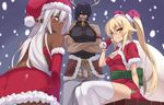  2girls antenna_hair antlers ashikaga_chachamaru bare_shoulders black_hair blush dark_elf dark_skin elbow_gloves elf gloves hairband hat long_hair looking_at_viewer minato_kageaki multiple_girls orange_eyes panties pointy_ears reindeer_antlers sansei_muramasa santa_costume santa_hat sengoku_aky short_hair soukou_akki_muramasa thighhighs twintails underwear white_hair white_legwear white_panties 