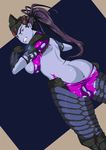  1girl angry anus ass blue_skin bodysuit breasts brown_eyes butt_crack clenched_teeth female gloves headgear large_breasts overwatch ponytail purple_skin solo standing teeth torn_bodysuit torn_clothes ttrop uncensored widowmaker widowmaker_(overwatch) 