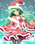  ^_^ adapted_costume beard christmas closed_eyes detached_sleeves expressive_clothes facial_hair frog_hair_ornament gohei green_hair hair_ornament hair_tubes hat highres kochiya_sanae long_hair one_eye_closed open_mouth osashin_(osada) pantyhose santa_costume santa_hat skirt skirt_set smile snake_hair_ornament solo touhou yellow_eyes 