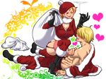  1boy 1girl arm_support blonde_hair blush breasts chest christmas cigarette cleavage fur_trim garter_straps hat heart jacket kuri_(pienu) lying nami nami_(one_piece) on_back one_piece open_clothes open_jacket orange_hair red_legwear sanji smile smoke straddling thighhighs thighs 