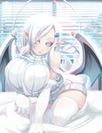  all_fours bare_shoulders bat_wings bed_sheet blush breasts demon_girl demon_tail elbow_gloves gloves hair_ornament highres huge_breasts long_hair original pink_eyes pointy_ears ribbed_sweater shiki_(psychedelic_g2) solo succubus sweater tail thighhighs turtleneck white white_gloves white_hair white_legwear window wings 
