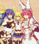  arc_system_works bare_shoulders belt blazblue blazblue:_chronophantasma blonde_hair blue_eyes blue_hair bow breast_envy breasts cleavage cleavage_cutout company_connection detached_sleeves dizzy dress earrings elphelt_valentine flower gloves guilty_gear guilty_gear_xrd hair_bow hair_ornament hair_ribbon happy_birthday hat jewelry large_breasts merry_christmas midriff miniskirt multiple_girls navel noel_vermillion pink_hair red_eyes ribbon rose skirt sumeshi_(ambivalince) thighhighs trait_connection twintails zettai_ryouiki 