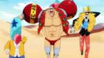  3boys animated animated_gif bald beard brook desert dragon_ball dragonball_z dream_9_toriko_x_one_piece_x_dragon_ball_z_super_collaboration_special facial_hair franky heart multiple_boys muscle muten_roushi old_man one_piece open_mouth outdoors running sunglasses 