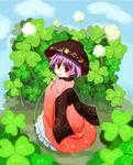  :o bowl bowl_hat clover clover_(flower) flower four-leaf_clover frilled_kimono frills hat highres japanese_clothes kibisake kimono looking_at_viewer looking_back minigirl purple_hair red_eyes short_hair sukuna_shinmyoumaru touhou 