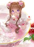  1girl anmi book bow brown_hair double_bun dress food fruit glasses hair_bow highres long_hair original partially_submerged purple_eyes semi-rimless_glasses smile solo strawberry under-rim_glasses water wristband 