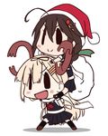  &gt;:) :d ahoge antlers blonde_hair brown_hair carrying christmas fingerless_gloves gloves hair_flaps hair_ornament hair_ribbon hairclip hat kantai_collection kneehighs kouchan long_hair multiple_girls open_mouth person_on_back reindeer_antlers remodel_(kantai_collection) ribbon sack santa_hat scarf school_uniform serafuku shigure_(kantai_collection) shoes shoulder_carry smile v-shaped_eyebrows white_scarf yuudachi_(kantai_collection) |_| 