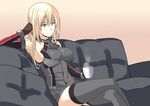  armpits bare_shoulders bismarck_(kantai_collection) blonde_hair blue_eyes breasts couch crossed_legs cup detached_sleeves grey_legwear highres kantai_collection large_breasts long_hair no_hat no_headwear sitting solo takamura_wamu thighhighs 