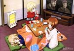  a_bridge_too_far absurdres blonde_hair blue_eyes brown_eyes brown_hair character_request closed_eyes cup darjeeling food fruit girls_und_panzer heater highres itou_takeshi katyusha kotatsu mandarin_orange megami multiple_girls nishizumi_miho official_art pillow short_hair sleeping sweater table television under_kotatsu under_table yunomi 