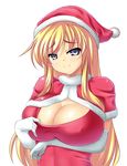  blonde_hair breast_rest breasts capelet christmas cleavage dress dress_pull elbow_gloves gloves hat highres huge_breasts long_hair mokkori9 naughty_face purple_eyes red_dress santa_hat simple_background smile solo taut_clothes taut_dress touhou turtleneck white_background white_gloves yakumo_yukari 