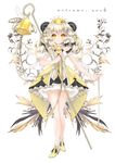  2015 bare_legs bare_shoulders bell blonde_hair blush bow cotton_boll crown flower full_body hair_bow horns juna long_hair looking_at_viewer original skirt smile solo staff standing yellow_eyes 