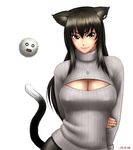  animal_ears arm_grab arms_behind_back black_hair blush borrowed_character breasts brown_eyes cat_ears cat_tail cleavage cleavage_cutout contrapposto covered_nipples dated jewelry kedama large_breasts long_hair meme_attire necklace nukonabe_(koppe_pan) open-chest_sweater original ribbed_sweater solo standing sweater taikyokuturugi tail turtleneck white_background 