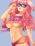  1girl adjusting_eyewear blue_eyes breasts clothes_writing crop_top drawfag glasses goo_girl highres hipster large_breasts lips long_hair melona midriff monster_girl navel no_bra pink_hair prehensile_hair queen's_blade revealing_clothes short_shorts shorts smile solo underboob 