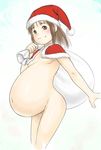  1girl bottomless brown_eyes brown_hair christmas hat navel pregnant sack santa_costume santa_hat short_hair simple_background small_breasts smile solo standing xiin 