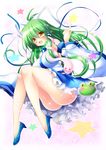  :d ass bare_legs breasts detached_sleeves frog green_hair hair_ornament hair_ribbon highres kochiya_sanae large_breasts legs long_hair looking_at_viewer open_mouth osashin_(osada) ribbon smile snake snake_hair_ornament solo star touhou upskirt wide_sleeves yellow_eyes 