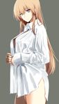  absurdres alternate_costume bismarck_(kantai_collection) blonde_hair blue_eyes breasts cowboy_shot grey_background highres kantai_collection large_breasts long_hair looking_at_viewer naked_shirt shirt simple_background solo takamura_wamu thighs 