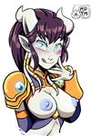  1girl areolae blush borrowed_character breasts cleavage detached_sleeves draenei green_eyes monara my_pet_tentacle_monster nipples open_clothes photoshop pointy_ears puffy_nipples purple_hair purple_skin short_hair solo warcraft 