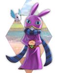  animal_ears animal_hat bird blue_eyes buck_teeth bunny_ears bunny_hat cha_kuro_(limo) cloud dated fake_animal_ears flying full_body gem grass hands_together hat long_sleeves looking_at_viewer mask ravio robe scarf sheerow signature sky standing striped the_legend_of_zelda the_legend_of_zelda:_a_link_between_worlds water 