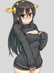  alternate_costume black_hair blush breasts brown_eyes cleavage cleavage_cutout clothes_tug cowboy_shot embarrassed grey_background hair_ornament hairclip hand_on_own_chest haruna_(kantai_collection) hawe_king headgear kantai_collection large_breasts long_hair looking_at_viewer meme_attire open-chest_sweater ribbed_sweater simple_background sleeves_past_wrists solo sweater sweater_tug turtleneck 