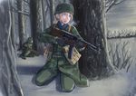  1girl assault_rifle belt belt_buckle blonde_hair blue_eyes bolt_action breath buckle commentary erica_(naze1940) fallschirmhelm fallschirmjager forest gloves gun helmet mauser_98 military military_uniform nature open_mouth original pouch rifle short_hair short_ponytail sling snow snowing soldier stahlhelm stg44 tree uniform war weapon wehrmacht world_war_ii 