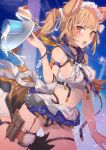  animal_ears armband ass_visible_through_thighs bare_shoulders blonde_hair blush breasts brown_eyes cake choker cup food gluteal_fold hair_ribbon midriff miniskirt navel night open_mouth original ribbon sideboob skirt socks solo tajima_ryuushi thigh_pouch thigh_strap tray twintails unbuckled 